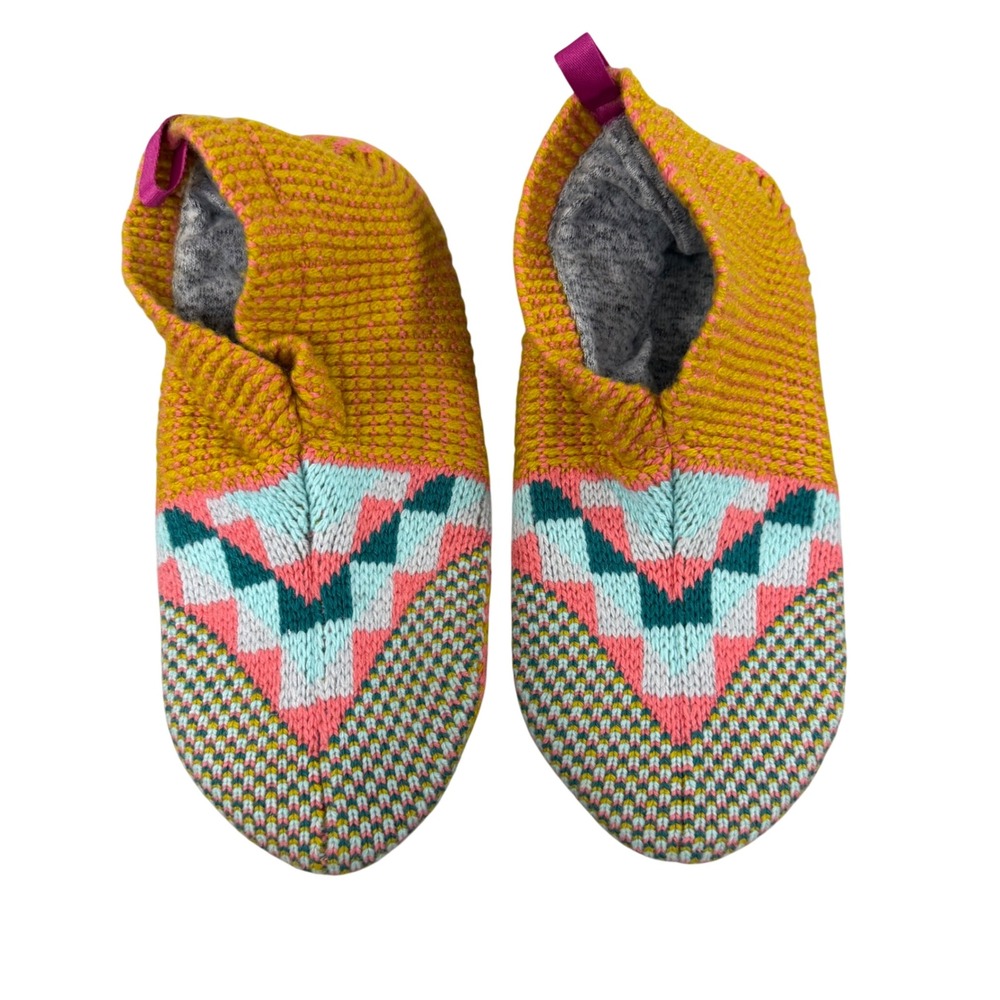 Bombas Gripper Slippers Medium Mustard Yellow Pink Geometric Knit Sherpa Lined
